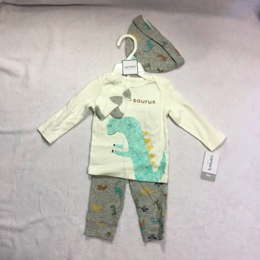 Carter's Dinosaur 4pc Set Baby 6M Grey Ivory New Long Sleeve Pants Bib Socks